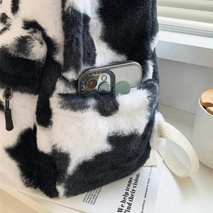 Cow Leopard Animal Print Backpack Women Travel Plush Shoulder Bag