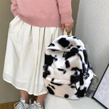 Cow Leopard Animal Print Backpack Women Travel Plush Shoulder Bag