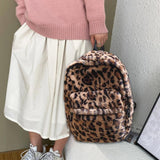 Cow Leopard Animal Print Backpack Women Travel Plush Shoulder Bag