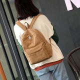 Corduroy Zipper Backpack Large Capacity Ladies Knapsack