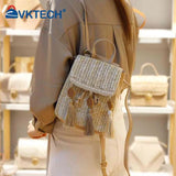 Straw Shoulder Backpack with Tassel Boho Beach Bucket Purse