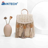 Straw Shoulder Backpack with Tassel Boho Beach Bucket Purse