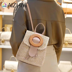 Woven Straw Women Shoulder Bag Beach Purse Backpack
