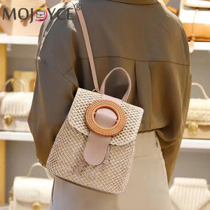Straw Weave Bucket Backpack Summer Beach Women Female Belt Bucket