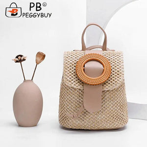 Straw Weave Bucket Backpack Summer Beach Female Daypack