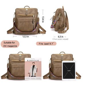 Retro Large Capacity Backpack Women PU Leather Rucksack