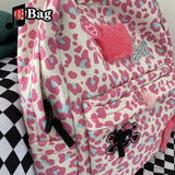 Harajuku Women Girl Pink Leopard Print Backpack Y2K Cartoon Casual