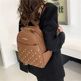 Women Soft Pu Leather Backpacks School Bag Retro Rivet Pocket Bag