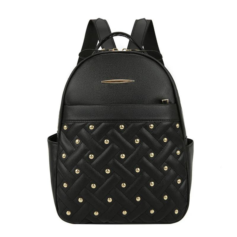 Women Soft Pu Leather Backpacks School Bag Retro Rivet Pocket Bag