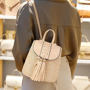 Straw Woven Backpack PU Tassel Travel Shoulder Bags