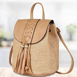 Straw Woven Backpack PU Tassel Travel Shoulder Bags