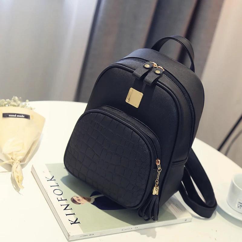 Women Backpack PU Leather Tassel Schoolbag for Teenager Girls