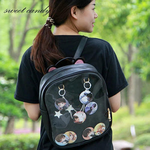 Summer Candy PU Transparent Cat Ear Backpack Flower Zip Women School Bag