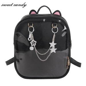 Summer Candy PU Transparent Cat Ear Backpack Flower Zip Women School Bag
