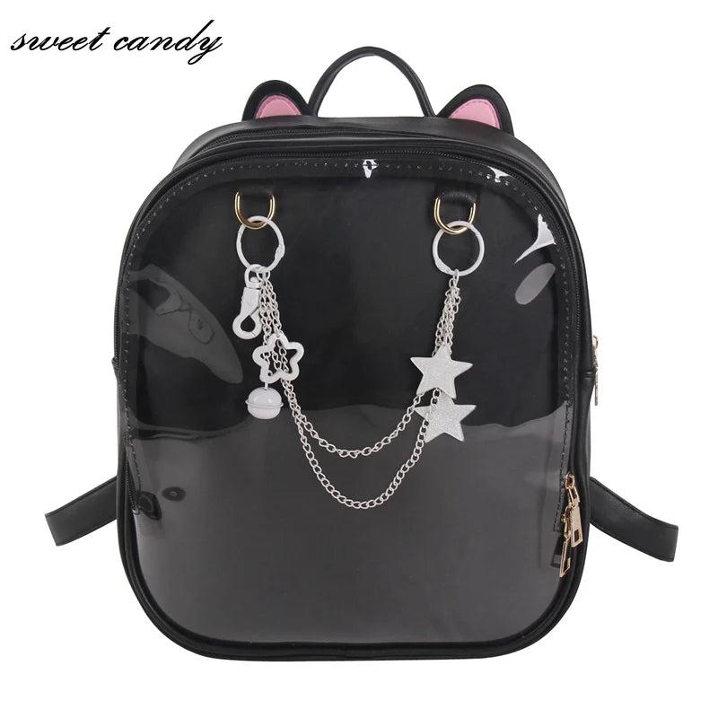 Summer Candy PU Transparent Cat Ear Backpack Flower Zip Women School Bag