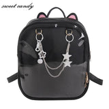Summer Candy PU Transparent Cat Ear Backpack Flower Zip Women School Bag