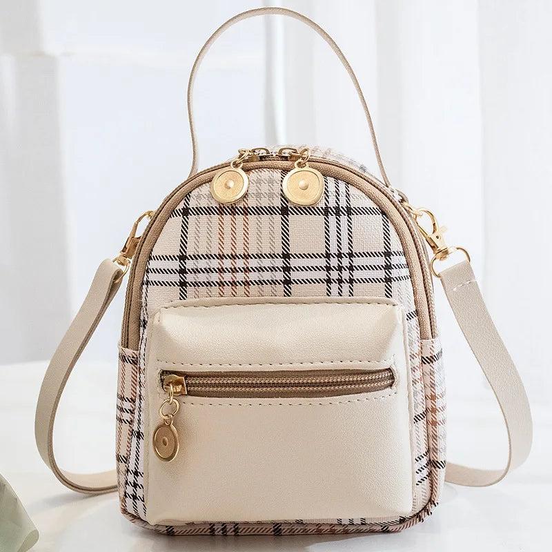 Plaid Pocket Front Backpack Crossbody Bag for Teenage Girls Shoulder Purse