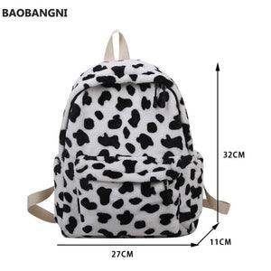 Casual Plush Backpack School Shoulder Bag Women Animal Cow Pattern Travel Rucksa