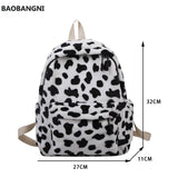 Casual Plush Backpack School Shoulder Bag Women Animal Cow Pattern Travel Rucksa