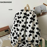 Casual Plush Backpack School Shoulder Bag Women Animal Cow Pattern Travel Rucksa