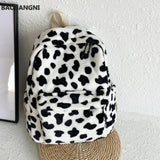 Casual Plush Backpack School Shoulder Bag Women Animal Cow Pattern Travel Rucksa