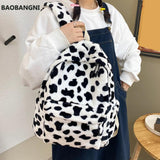 Casual Plush Backpack School Shoulder Bag Women Animal Cow Pattern Travel Rucksa