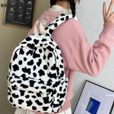 Casual Plush Backpack School Shoulder Bag Women Animal Cow Pattern Travel Rucksa