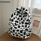 Casual Plush Backpack School Shoulder Bag Women Animal Cow Pattern Travel Rucksa