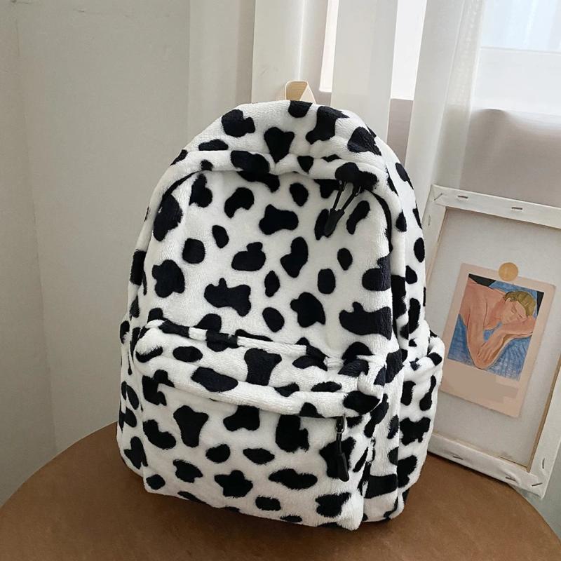 Casual Plush Backpack School Shoulder Bag Women Animal Cow Pattern Travel Rucksa