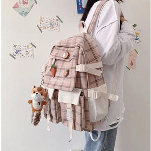 Cute Girl Backpack Canvas Schoolbag Plaid Travel Bag Women