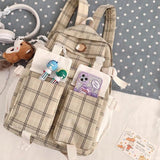 Cute Girl Backpack Canvas Schoolbag Plaid Travel Bag Women