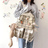 Cute Girl Backpack Canvas Schoolbag Plaid Travel Bag Women