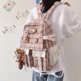 Cute Girl Backpack Canvas Schoolbag Plaid Travel Bag Women