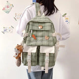 Cute Girl Backpack Canvas Schoolbag Plaid Travel Bag Women