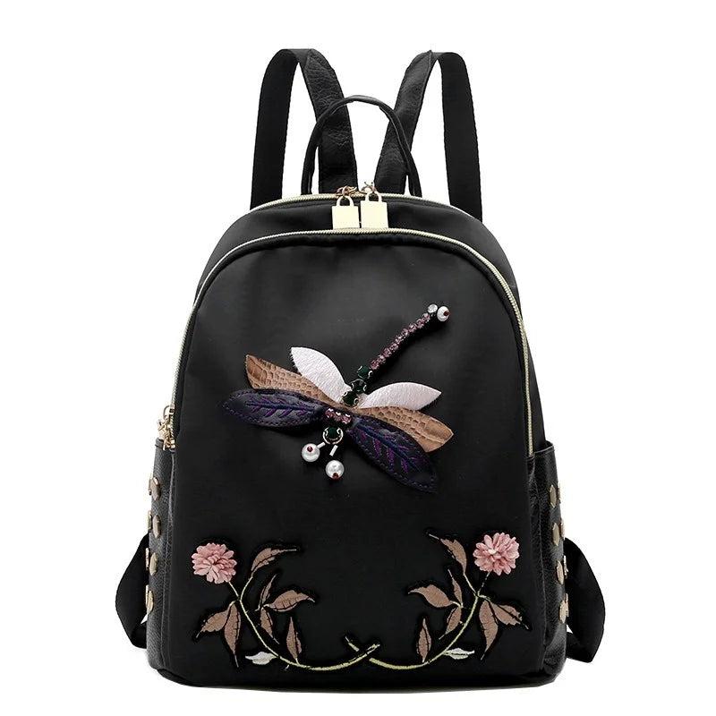 Red Embroidery Backpack Women's Waterproof Bag