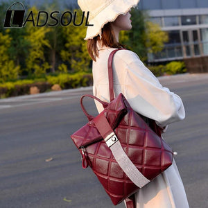 LADSOUL Retro Multifunction Backpack Women Solid Plaid Leather Backpack