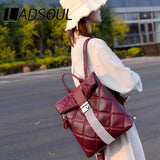 LADSOUL Retro Multifunction Backpack Women Solid Plaid Leather Backpack