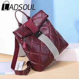 LADSOUL Retro Multifunction Backpack Women Solid Plaid Leather Backpack