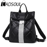 LADSOUL Retro Multifunction Backpack Women Solid Plaid Leather Backpack