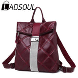 LADSOUL Retro Multifunction Backpack Women Solid Plaid Leather Backpack