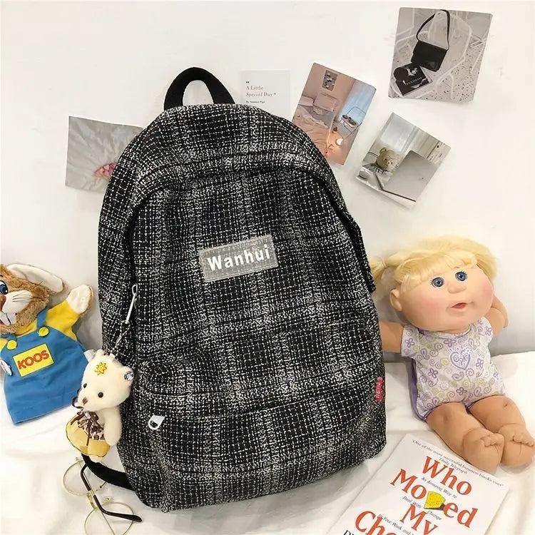 Girls Linen Plaid Stripes Backpack Junior School Student Casual Ruckpack
