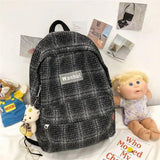 Girls Linen Plaid Stripes Backpack Junior School Student Casual Ruckpack