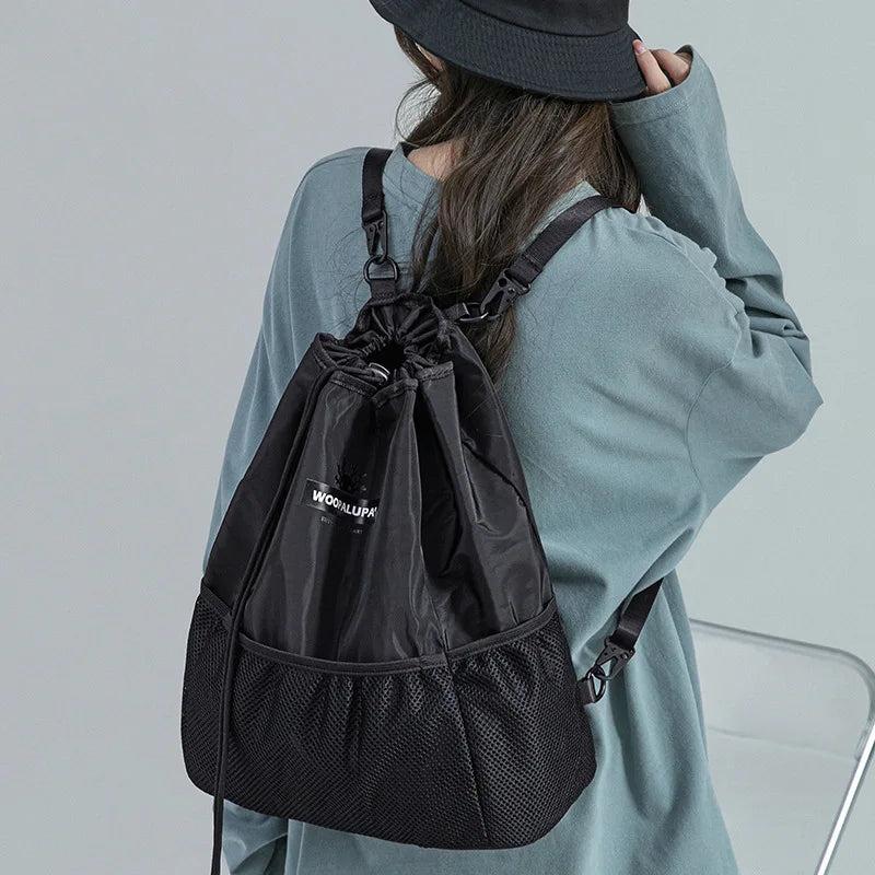Waterproof Nylon Backpack Drawstring Bucket Bag for Women