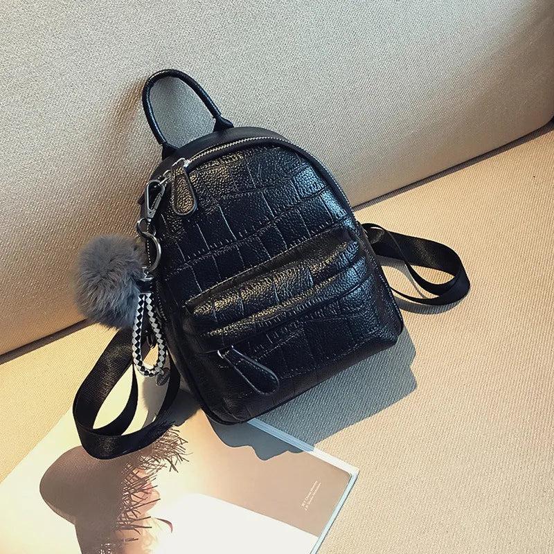 Stone Leather Mini Backpack Women with Hairball