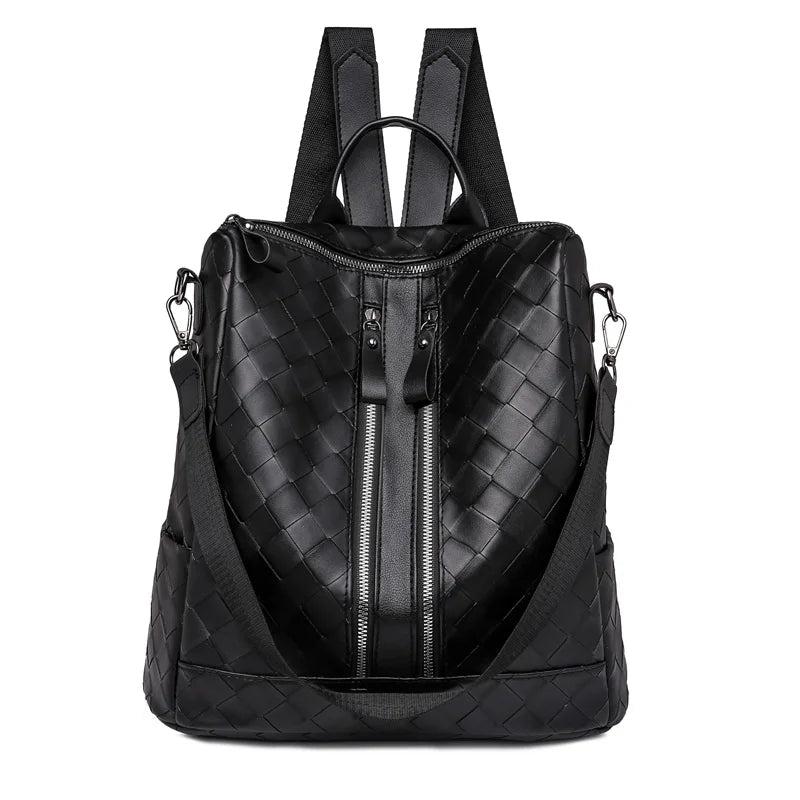 Women Woven Leather School Backpack High Capacity Travel Shoulder Bag