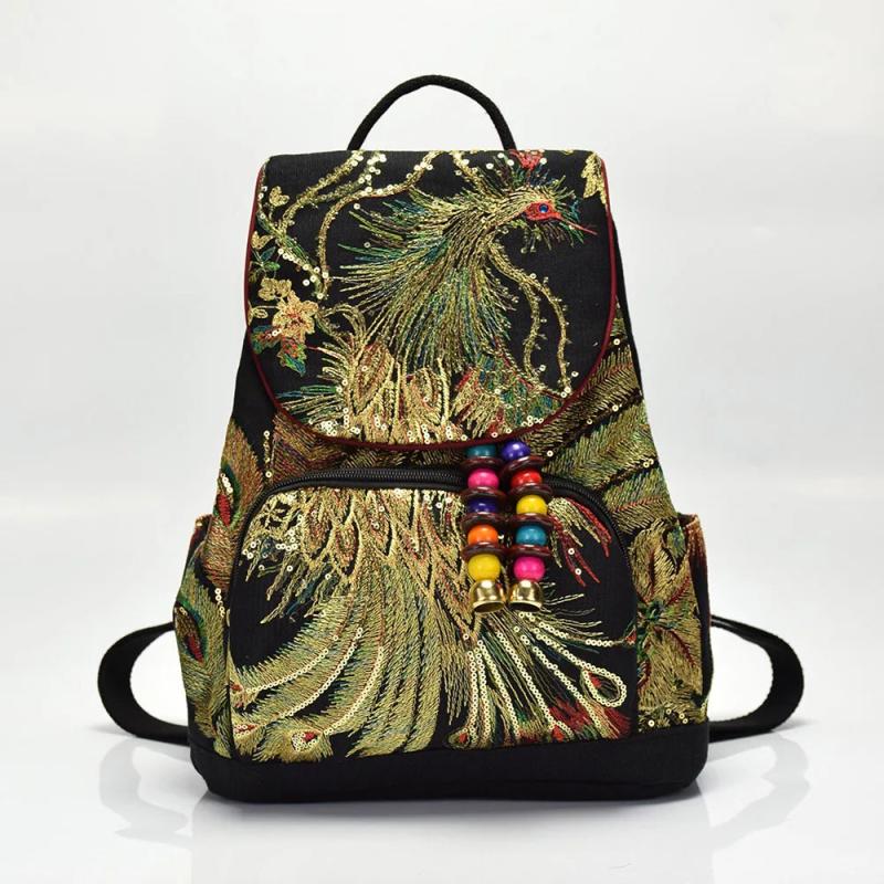 Phoenix Silk Embroidered Women's Backpacks, Retro Ladies Rucksack