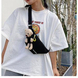 Bear Print Canvas Bag with Realistic Chest Cartoon Design Wallet