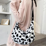 Women Cow Pattern Shoulder Bag Large Capacity Plush Zipper Crossbody Pouch