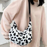 Women Cow Pattern Shoulder Bag Large Capacity Plush Zipper Crossbody Pouch