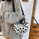 Women Cow Pattern Shoulder Bag Large Capacity Plush Zipper Crossbody Pouch